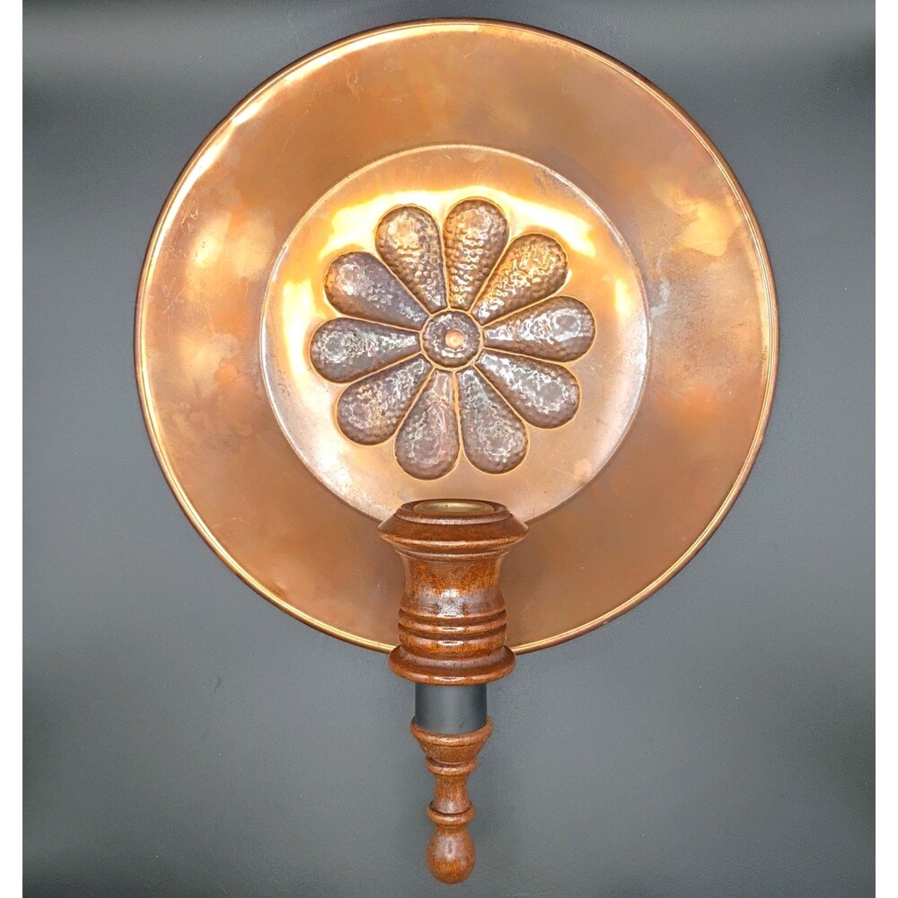 Vtg Round Copper Wood Wall Sconce Candle Holder 10" Country Cottage Farm Rustic